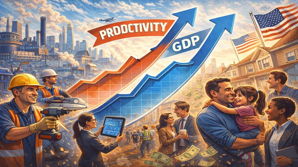 Illustration éditoriale d'une économie américaine en pleine croissance, avec des graphiques ascendants et des symboles d'innovation technologique.