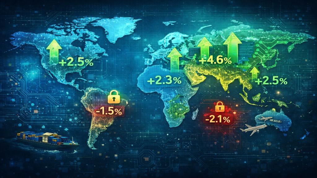Illustration éditoriale d'un globe terrestre avec des graphiques de croissance économique superposés, symbolisant les prévisions mondiales pour 2026.