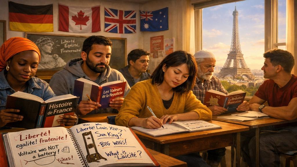 Groupe diversifié d'immigrés étudiant pour l'examen civique français avec des éléments comparatifs internationaux.