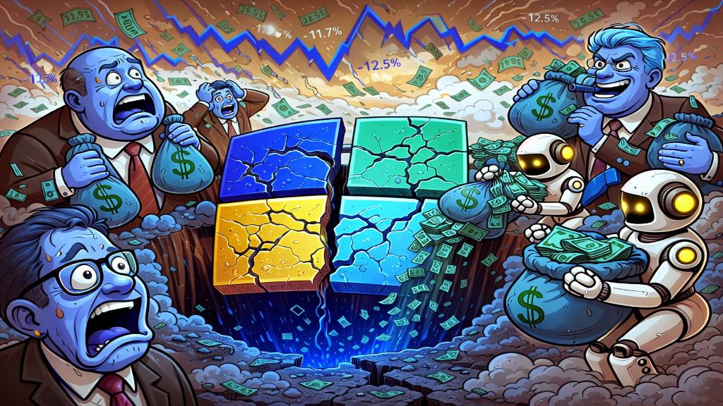 Graphique descendant de l’action Microsoft avec éléments IA en fond, symbolisant les craintes des investisseurs.