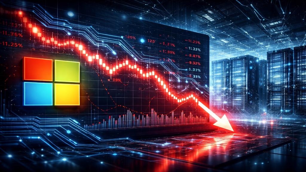 Graphique boursier Microsoft en chute avec éléments d’intelligence artificielle en arrière-plan, illustrant les inquiétudes sur les investissements massifs.