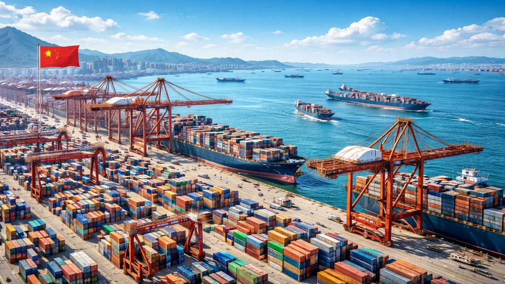 Port chinois géant rempli de conteneurs, symbole du surplus commercial massif