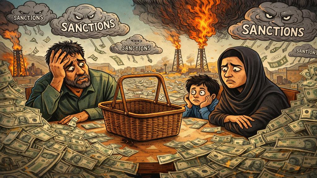 Illustration satirique d'une famille iranienne affrontant des piles de billets pour un panier d'épicerie vide, avec fond de pétrole en feu et sanctions planant comme nuages.