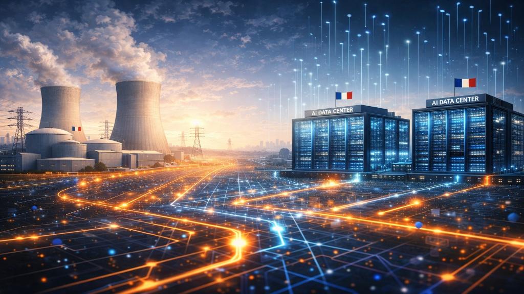 Illustration éditoriale montrant une centrale nucléaire française alimentant un data center d intelligence artificielle