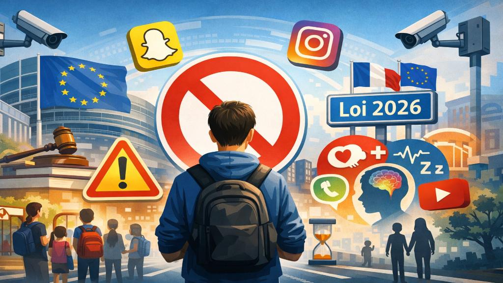 Illustration éditoriale représentant un adolescent face aux réseaux sociaux avec un panneau d’interdiction