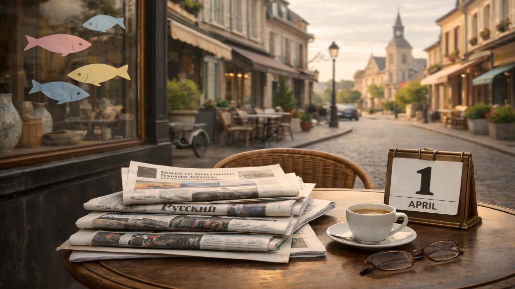 Une image éditoriale apaisante montrant une rue française au printemps, un calendrier sur le 1er avril, des poissons en papier et des journaux de plusieurs régions du monde, pour évoquer l'histoire et la portée internationale du poisson d'avril.