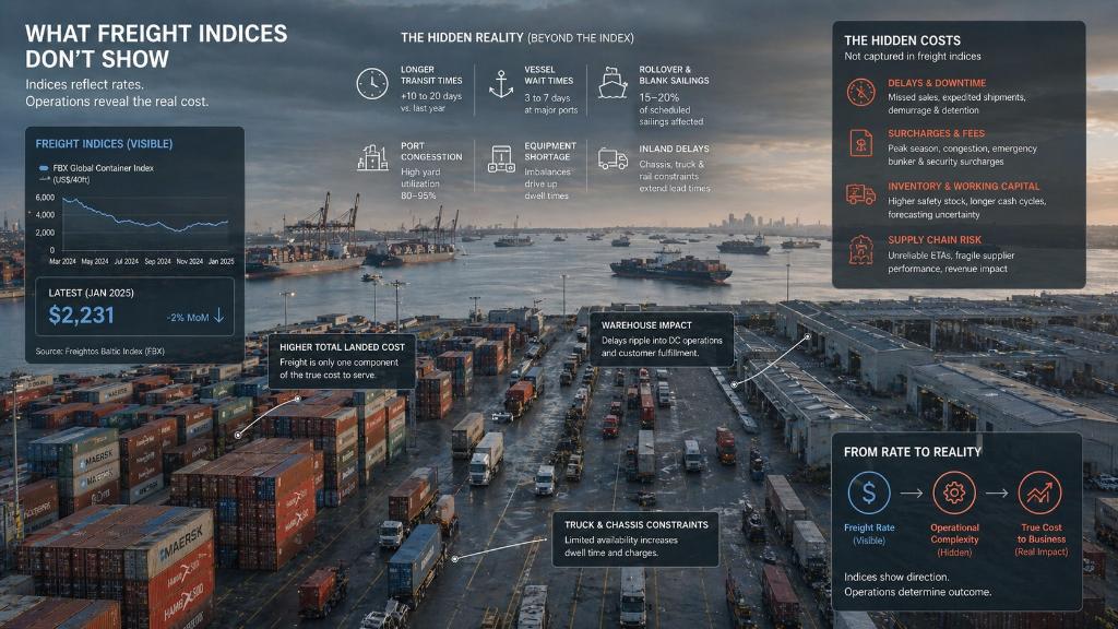 Ports, conteneurs et chaînes logistiques montrant la divergence entre indices de fret et coûts réels pour les entreprises.