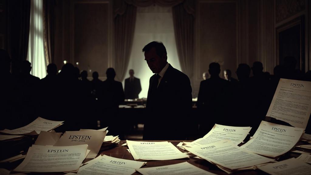 Image éditoriale montrant Jack Lang en réunion diplomatique avec des documents Epstein en fond, illustrant la crise politique.