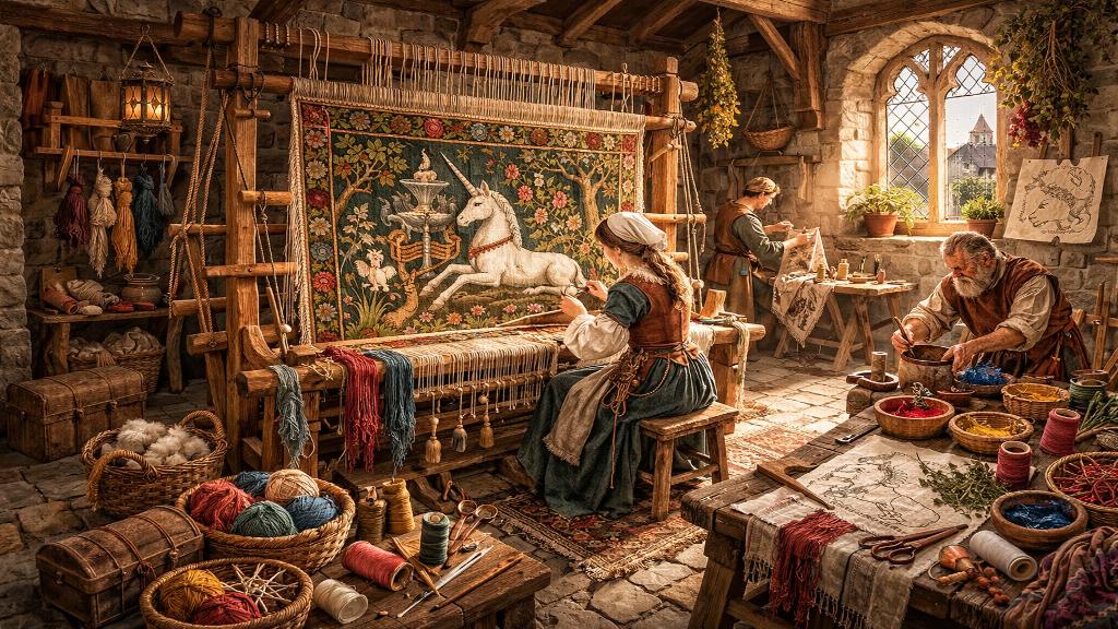 Tapisserie médiévale représentant une licorne dans un décor végétal détaillé