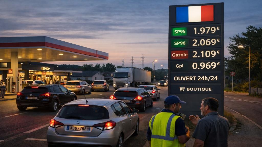Stations-service françaises sous tension avec automobilistes, camion en arrière-plan et affichage de prix élevés dans un contexte de crise énergétique