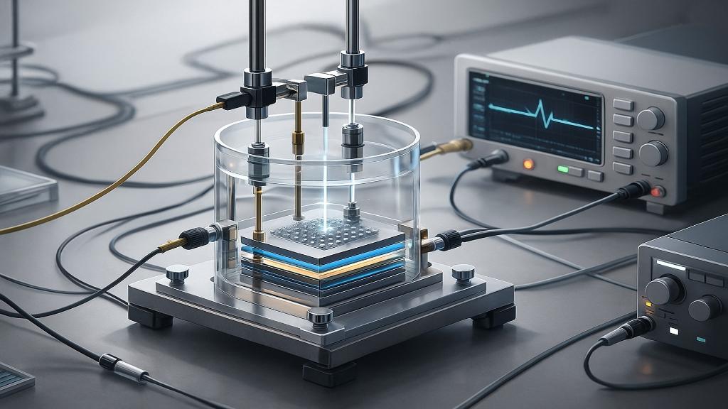 Schéma explicatif d’un condenseur catalytique mesurant un transfert d’électron, avec représentation stylisée du platine et d’atomes d’hydrogène.