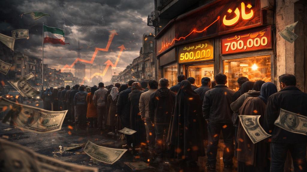 Vue éditoriale d'une rue animée de Téhéran avec des gens faisant la queue pour du pain, symbolisant la crise inflationniste.