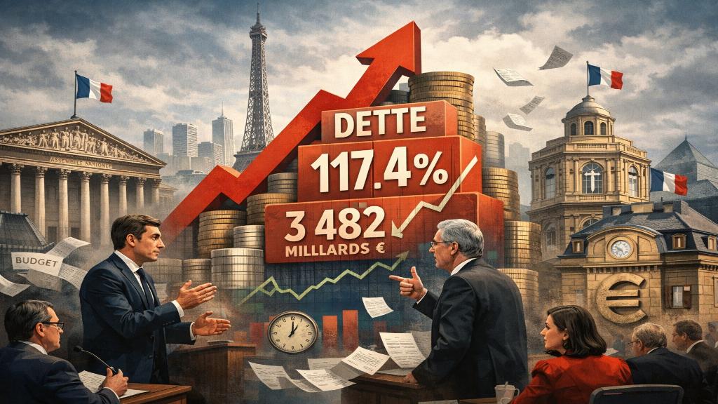illustration éditoriale d'une métaphore visuelle de la dette publique française et des tensions politiques