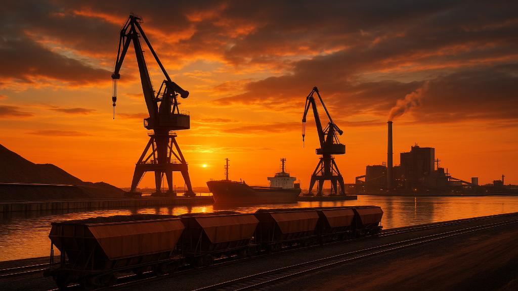 Vue symbolique de l’enjeu : port industriel, wagons et usine de raffinage illustrant la chaîne de valeur des minéraux critiques et l’investissement.