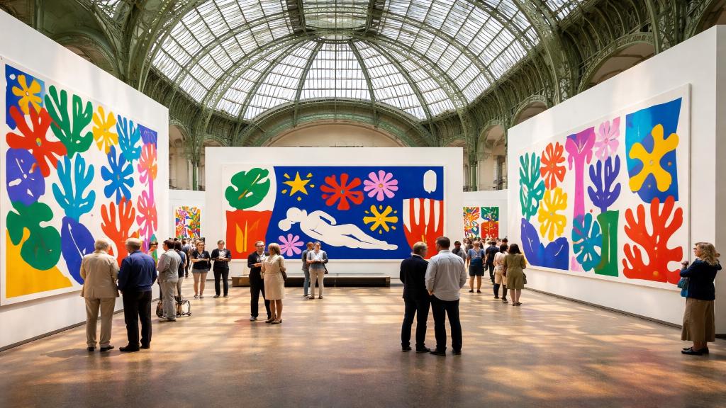 Grande salle d’exposition inspirée du Grand Palais avec formes colorées et compositions découpées évoquant Matisse