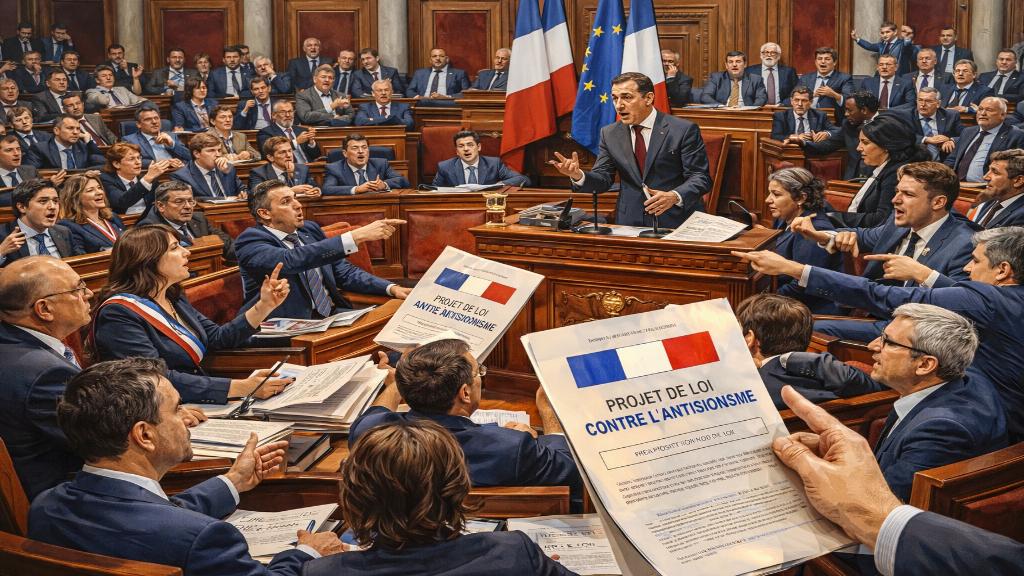 Image éditoriale montrant un débat au Parlement français sur une loi controversée, avec des éléments symbolisant la censure et la justice.