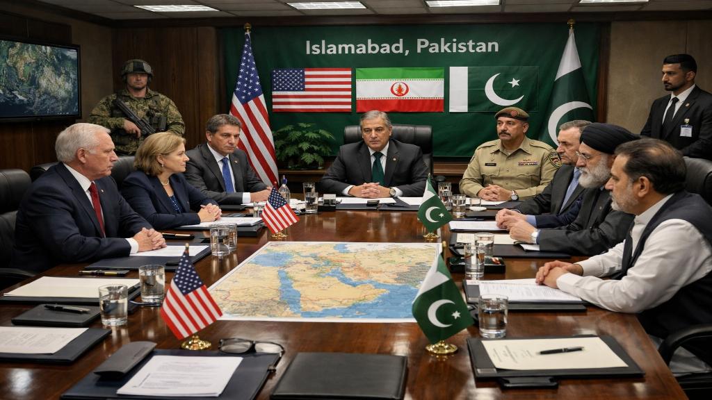 Délégations américaine, iranienne et pakistanaise réunies dans une salle sécurisée à Islamabad avec documents stratégiques sur la table