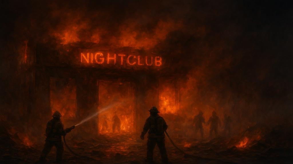 Pompiers luttant contre un incendie de nuit à l’entrée d’une boîte de nuit détruite, avec des débris et fumée.