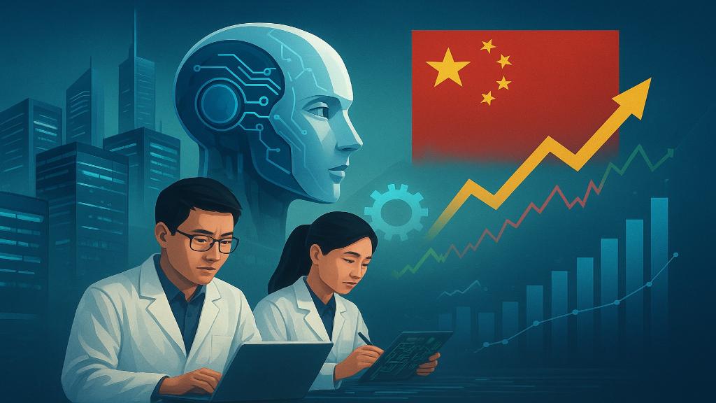 Illustration éditoriale montrant l’essor de l’intelligence artificielle en Chine entre innovation et spéculation
