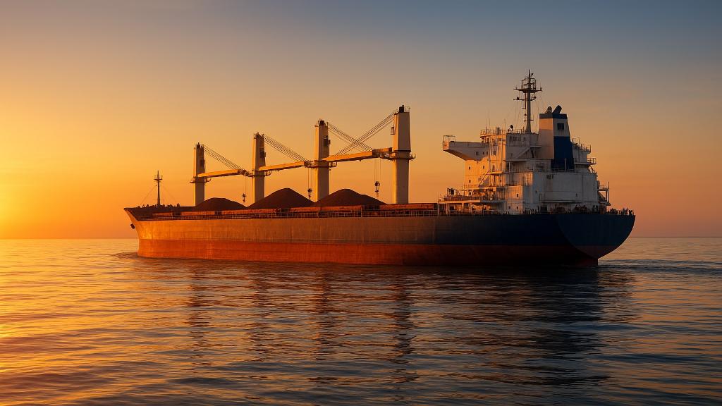 Panorama paysage d un cargo de vrac sec sur l ocean au coucher du soleil, accent sur la taille du navire et la ligne d horizon