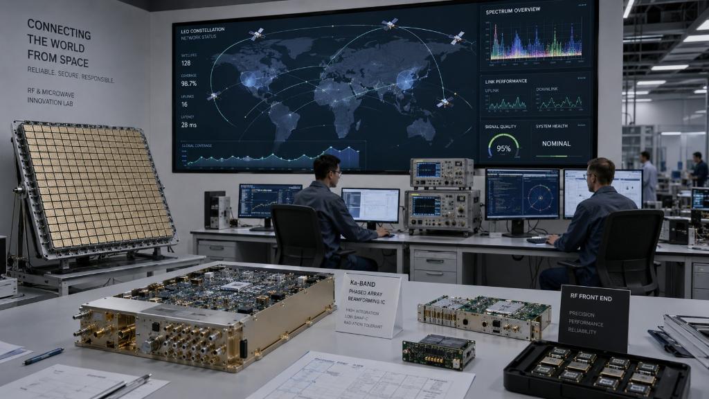 Laboratoire spatial montrant des puces radiofréquence, antennes à réseau phasé, satellites LEO et ingénieurs supervisant une carte mondiale de connectivité.