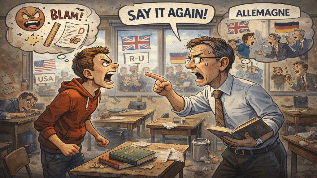 Illustration caricaturale d’une salle de classe avec un élève et un professeur en situation de conflit, soulignant les tensions scolaires mondiales