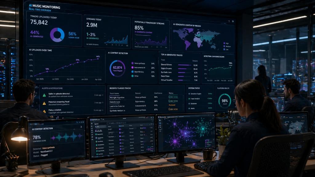 Plateforme de streaming analysant des flux de musique générée par intelligence artificielle avec tableaux de bord et outils de détection avancés