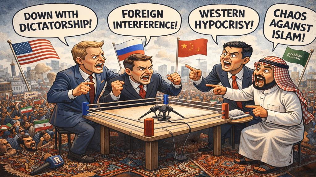Illustration caricaturale des divergences médiatiques sur les protestations en Iran, montrant des journalistes tirant sur une corde de vérité