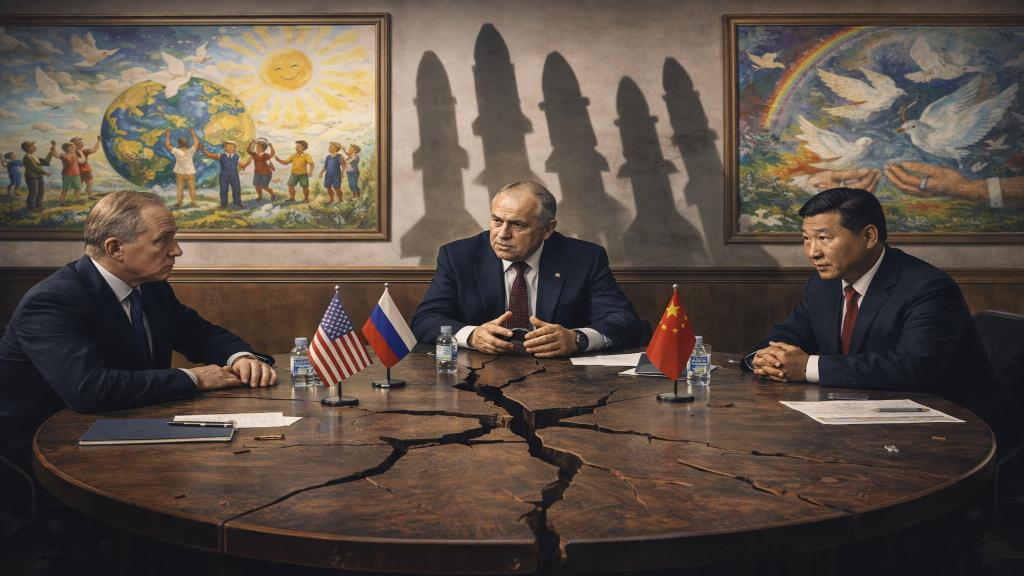 Illustration d’une horloge nucléaire approchant minuit, symbolisant les tensions post-New START, avec des silhouettes de leaders mondiaux en discussion.
