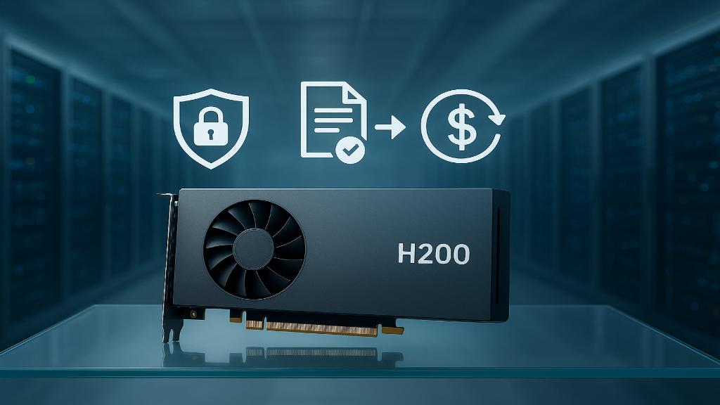 Vue éditoriale : centre de données, GPU H200 et échange commercial encadré entre deux pays, symbolisant régulation et sécurité