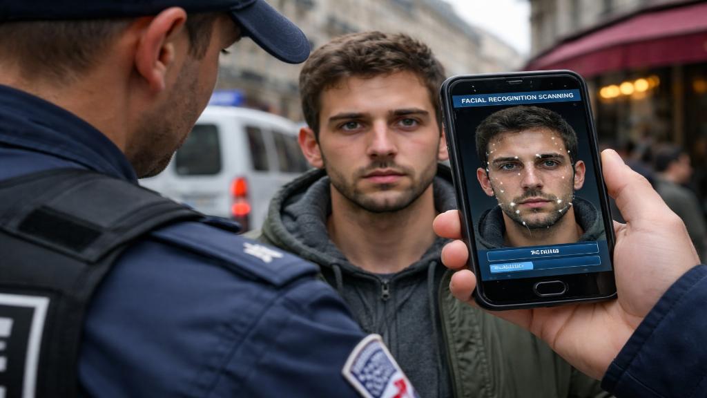 Illustration de policiers utilisant un smartphone pour identifier une personne dans une rue francaise avec interface de reconnaissance faciale visible