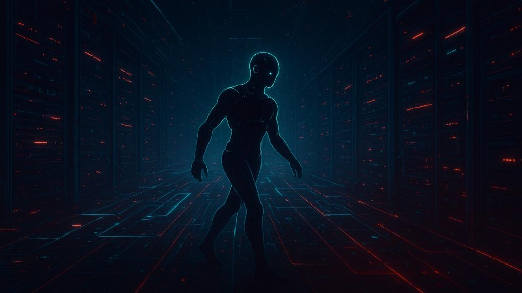 Illustration stylisée d’un bot IA en train d’explorer un vaste réseau de serveurs interconnectés, symbolisant la menace des bots malveillants sur le Web