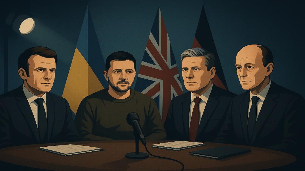Collage éditorial paysage montrant Macron, Zelensky, Starmer et Merz stylisés autour d'une table de conférence, avec drapeaux et micros en arrière-plan.