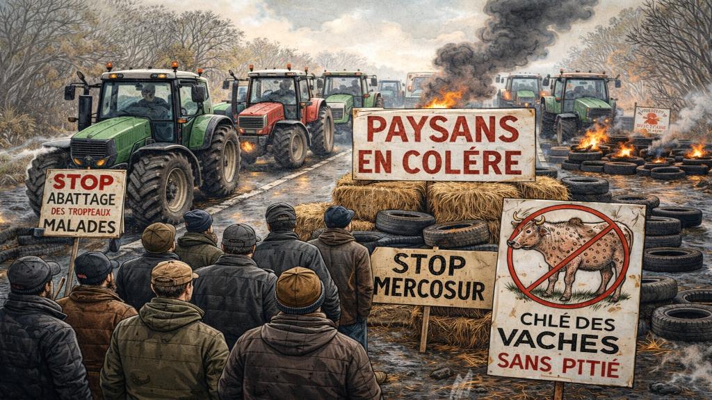 Illustration de protestations agricoles avec tracteurs et pancartes contre la stratégie sanitaire et l’accord Mercosur