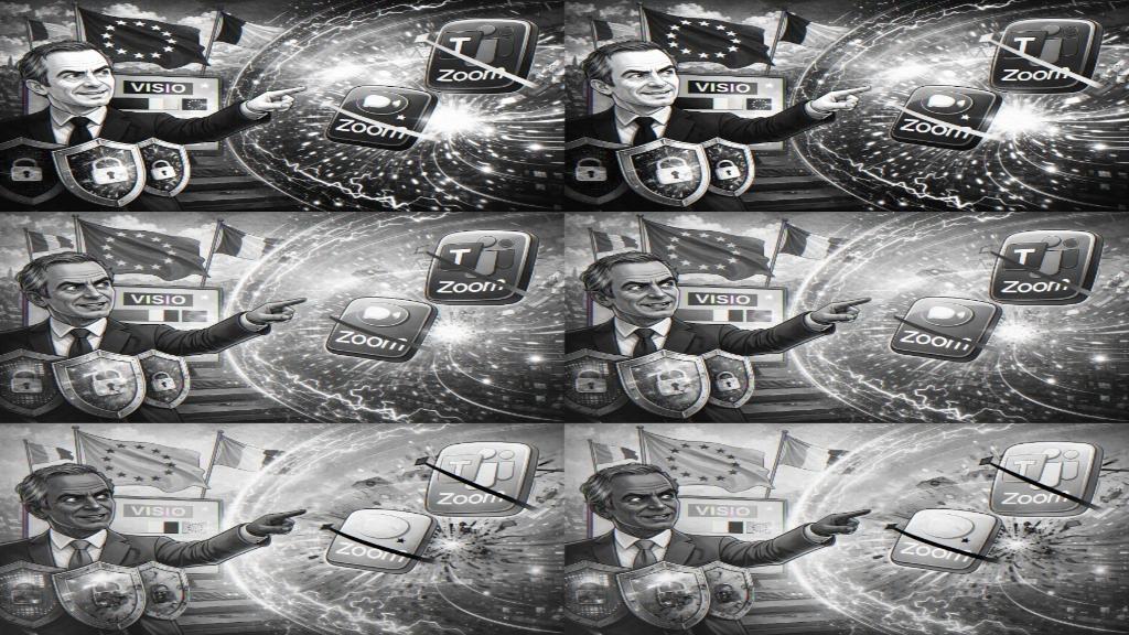 Fonctionnaire français utilisant une plateforme vidéo souveraine, avec boucliers de cybersécurité et drapeau européen en fond.