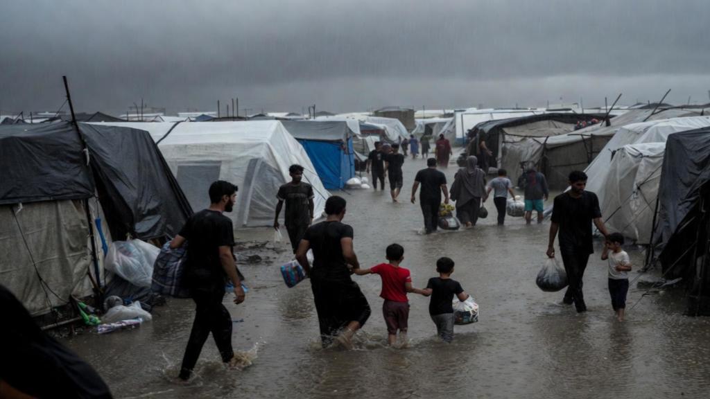 Des tentes inondées, abris détruits et habitants de Gaza marchant dans la boue après les pluies intenses de la tempête Byron