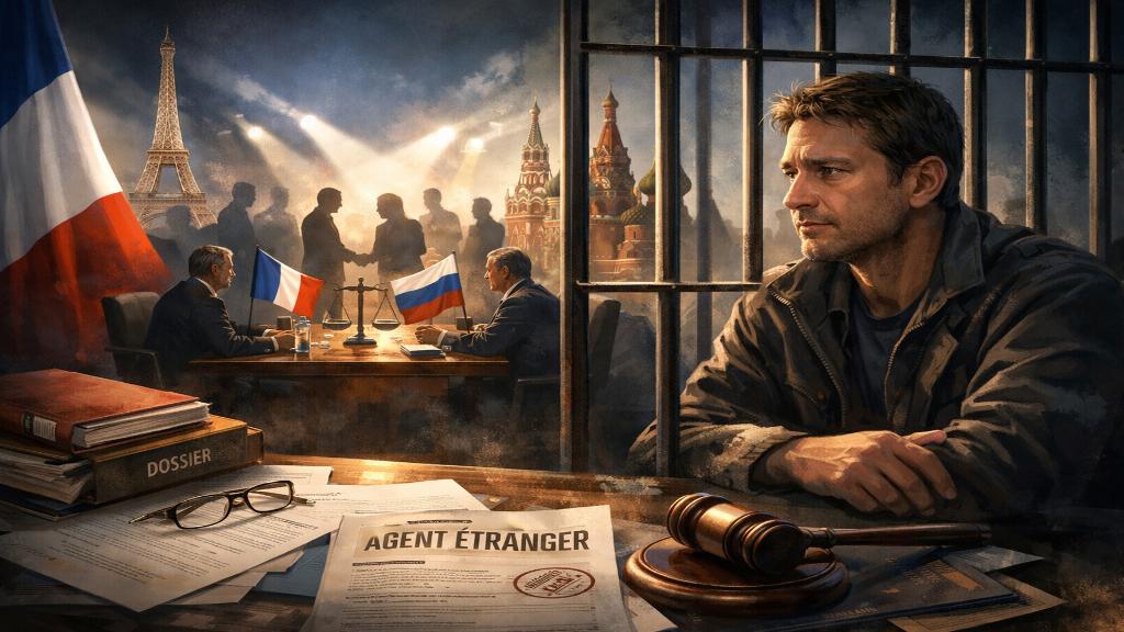 Mise en scène éditoriale illustrant les tensions diplomatiques autour de l’affaire du chercheur Vinatier entre la France et la Russie