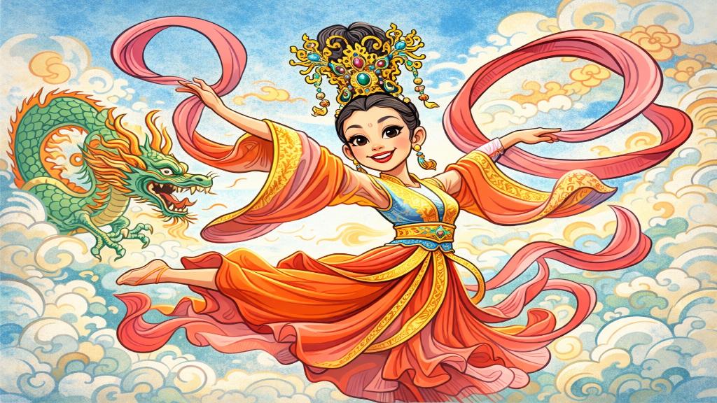 Illustration évocatrice d’une danseuse Shen Yun en costume traditionnel, capturant l’essence de la beauté classique chinoise avec fluidité et grâce.