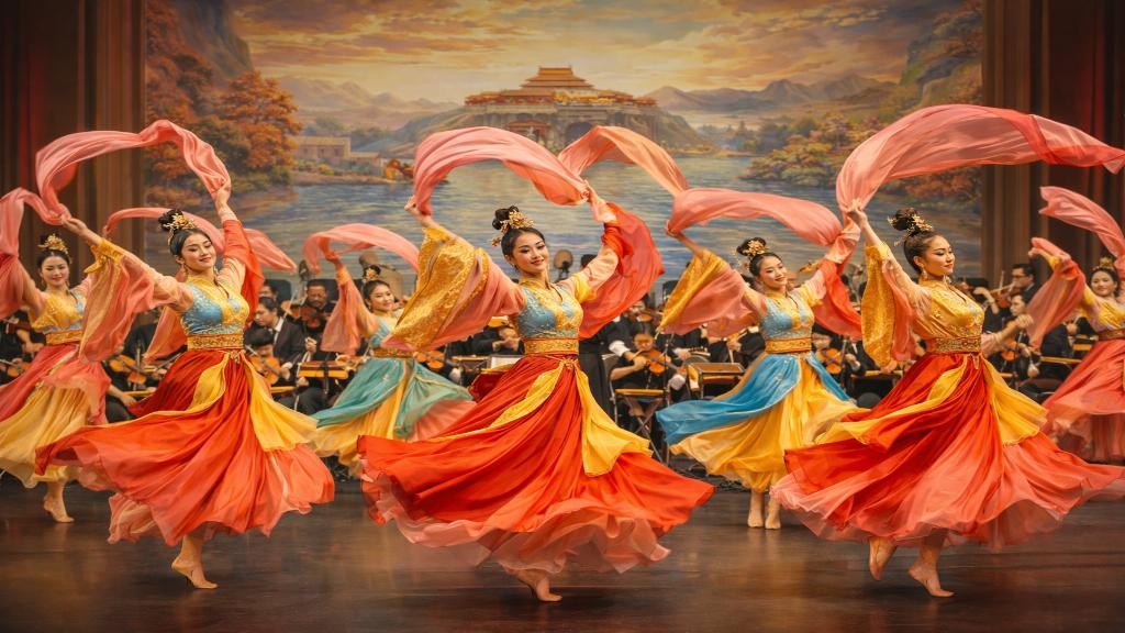 Scène dynamique de danse Shen Yun illustrant l'héritage esthétique chinois avec couleurs vives et mouvements gracieux.