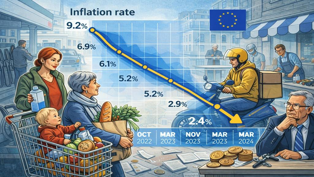 Graphique stylisé de l'inflation en UE avec citoyens impactés, paysage éditorial