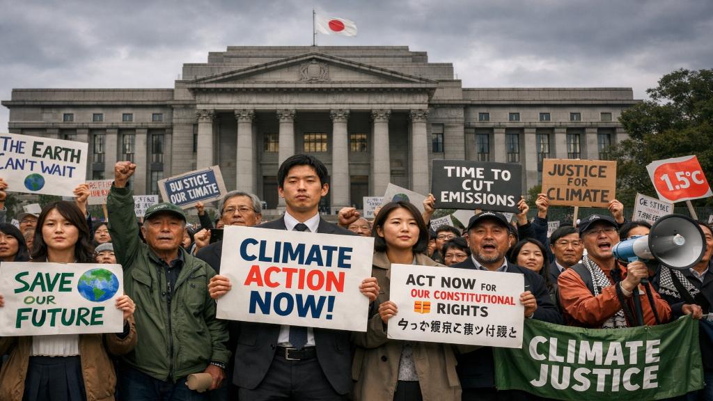 Manifestation climatique devant un tribunal au Japon demandant justice pour l’action climatique