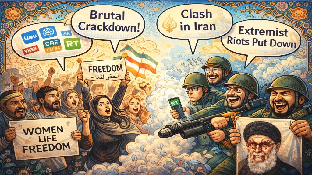 Illustration de manifestants iraniens face à des forces de sécurité, évoquant la tension culturelle et politique.
