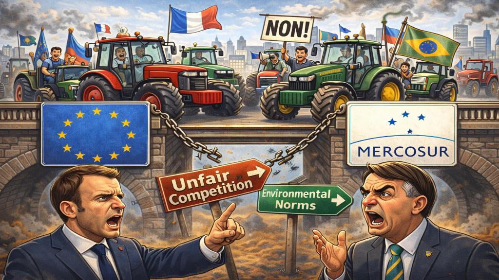 Illustration démontrant les tensions agricoles françaises face au Mercosur, avec des tracteurs en manifestation et des drapeaux européens.