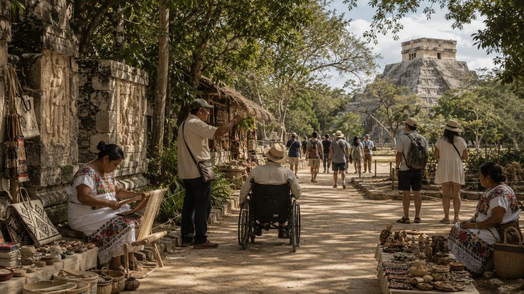Chemin d’accès près de Chichén Itzá avec artisans, visiteurs et architecture de pierre, montrant l’équilibre entre accueil, commerce local et conservation.