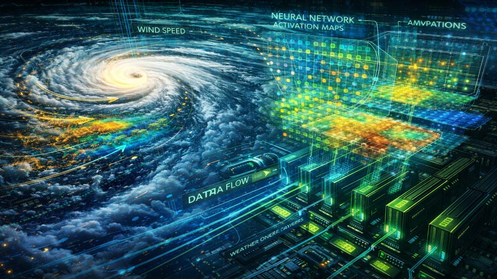 Visualisation générative par IA de l'évolution d'une tempête avec nuages réalistes, précipitations et flux atmosphériques sur une carte régionale