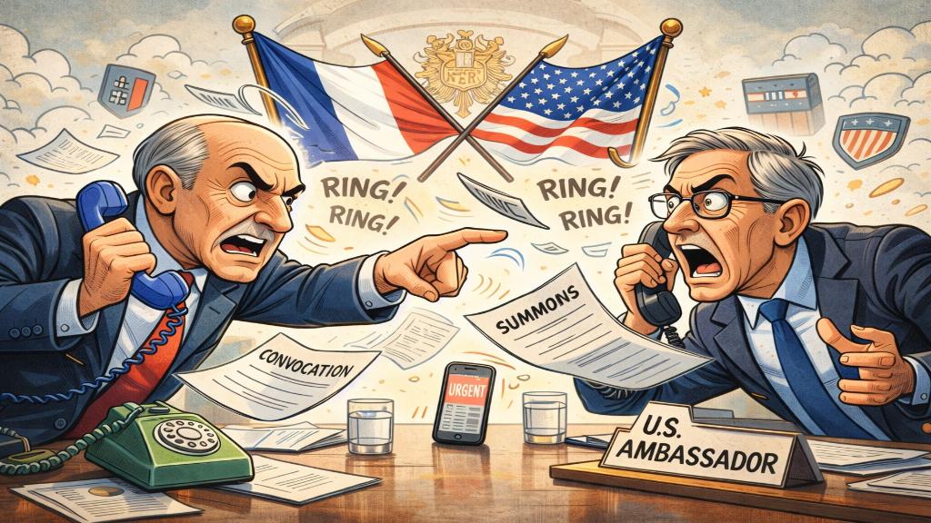 Illustration diplomatique franco-américaine avec drapeaux et tension