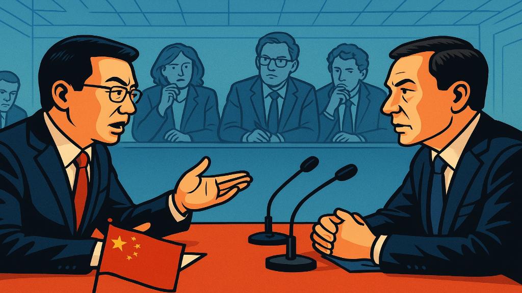 Illustration montrant des diplomates français et chinois lors d'une rencontre officielle, symbolisant les tensions et rapprochements diplomatiques entre les deux blocs.
