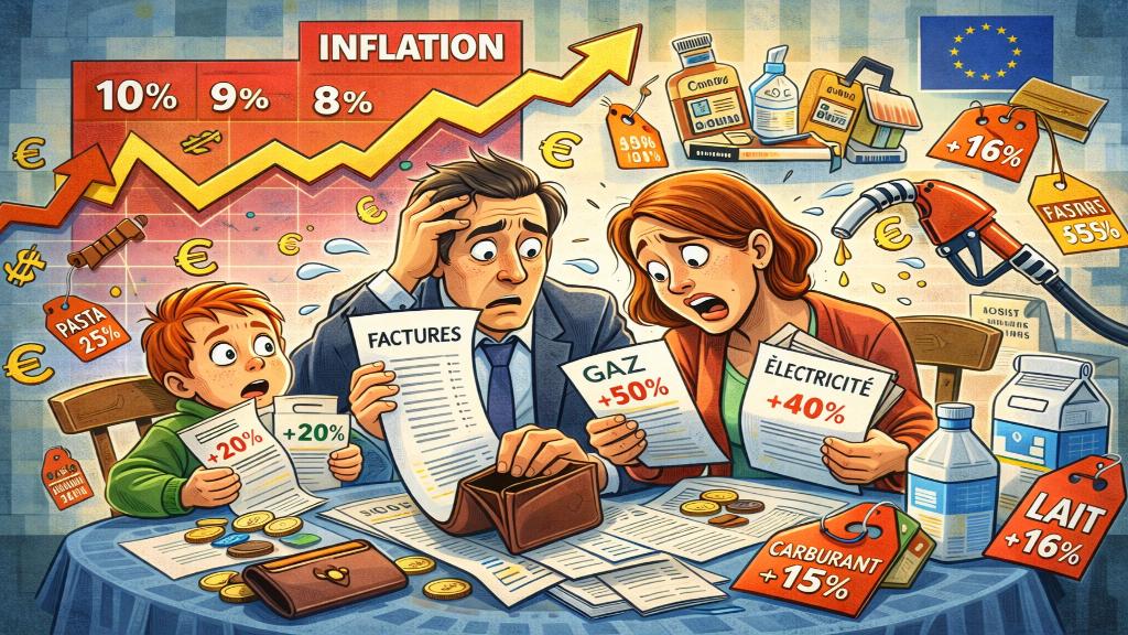 Illustration d'une famille européenne examinant des factures avec graphiques d'inflation en fond, style éditorial caricatural