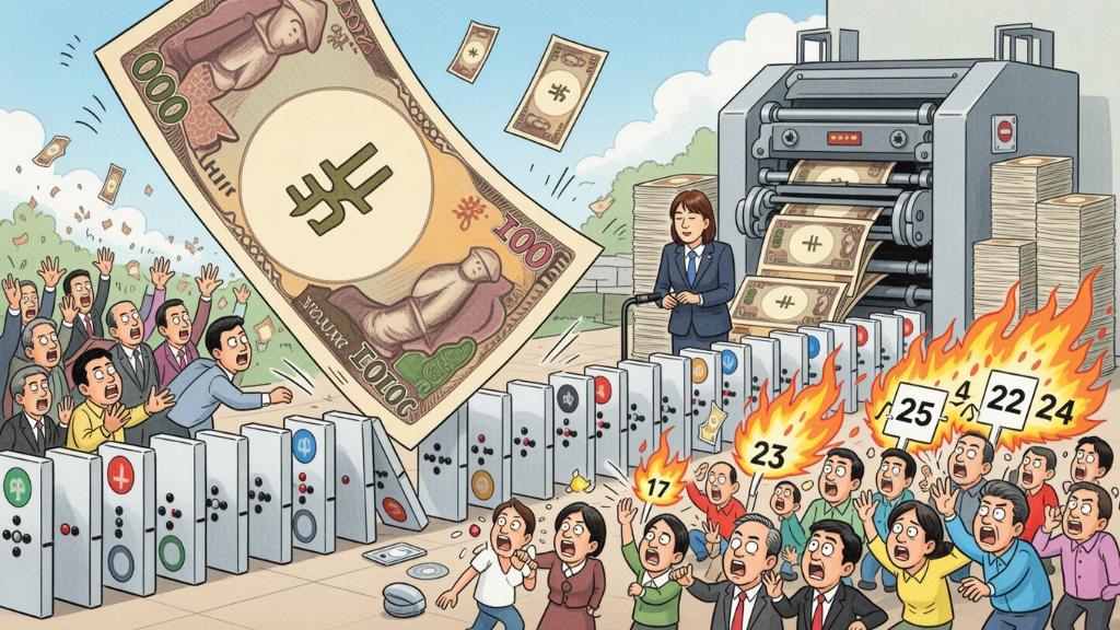 Illustration d'un yen déprécié impactant les marchés globaux, avec des graphiques de carry trade et stimulus fiscal