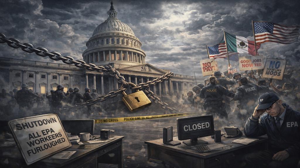 Image éditoriale montrant le Capitole US fermé avec des chaînes et des agents d’immigration en arrière-plan, symbolisant le shutdown et les tensions sur l’ICE.